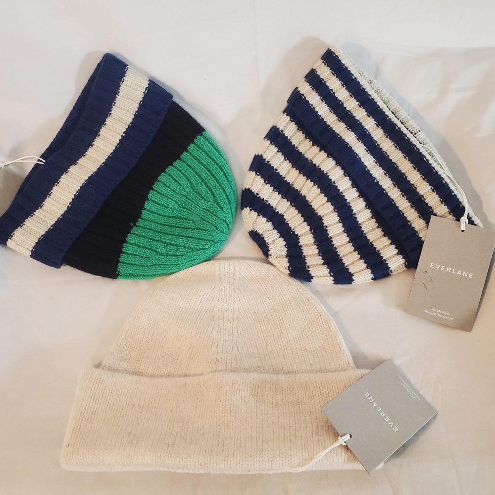 Lot of 3 Unisex Cashmere (2) & Wool (1) Ribbed Knit Beanies One Size New Tags